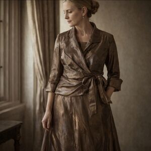 Cachet Metallic bronze long formal special occasion evening gown w/ blazer sz 6